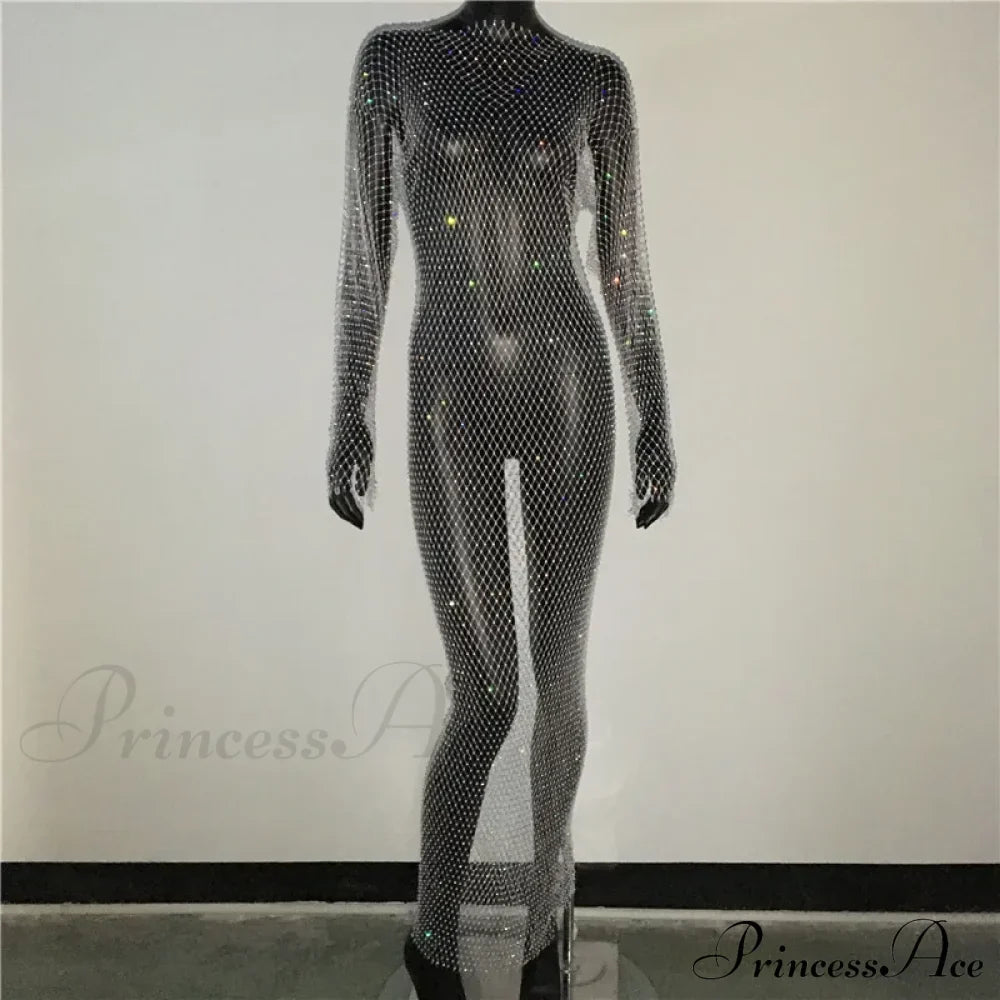 Rhinestone Fishnet Long Sleeve Party Dress White Normal / One Size Partydress-241208