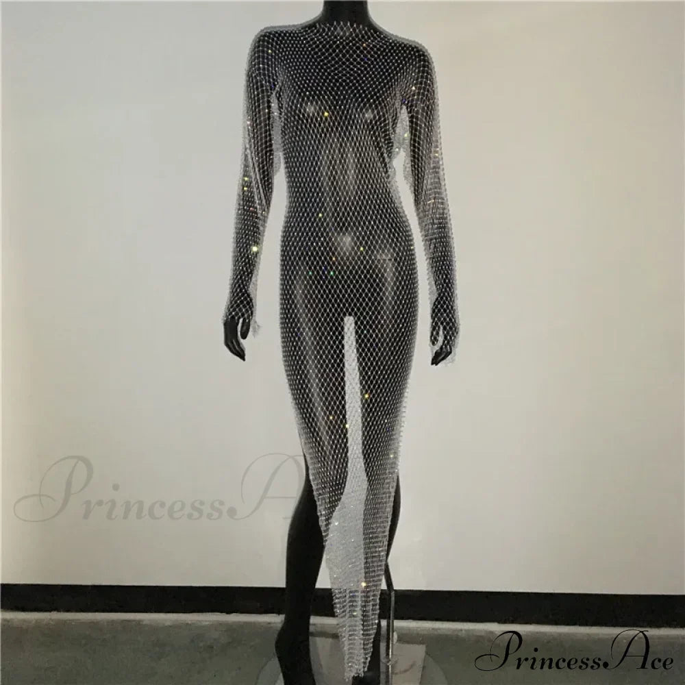 Rhinestone Fishnet Long Sleeve Party Dress White Split / One Size Partydress-241208