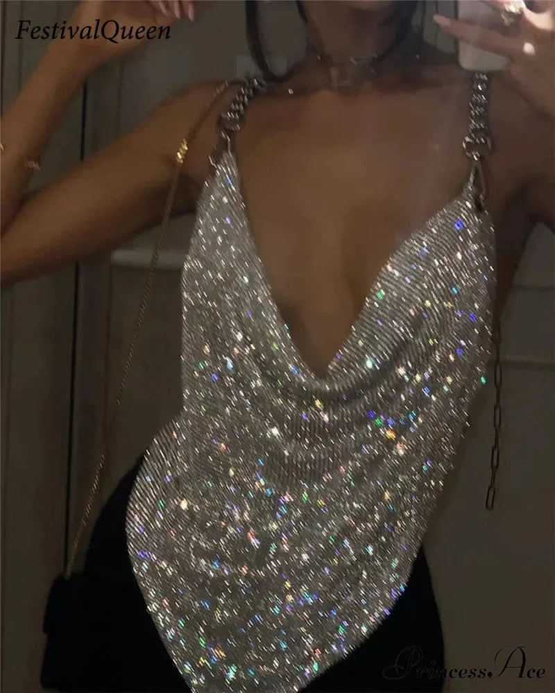 Sequin Chainmail Plunge Cowl Neck Backless Dress