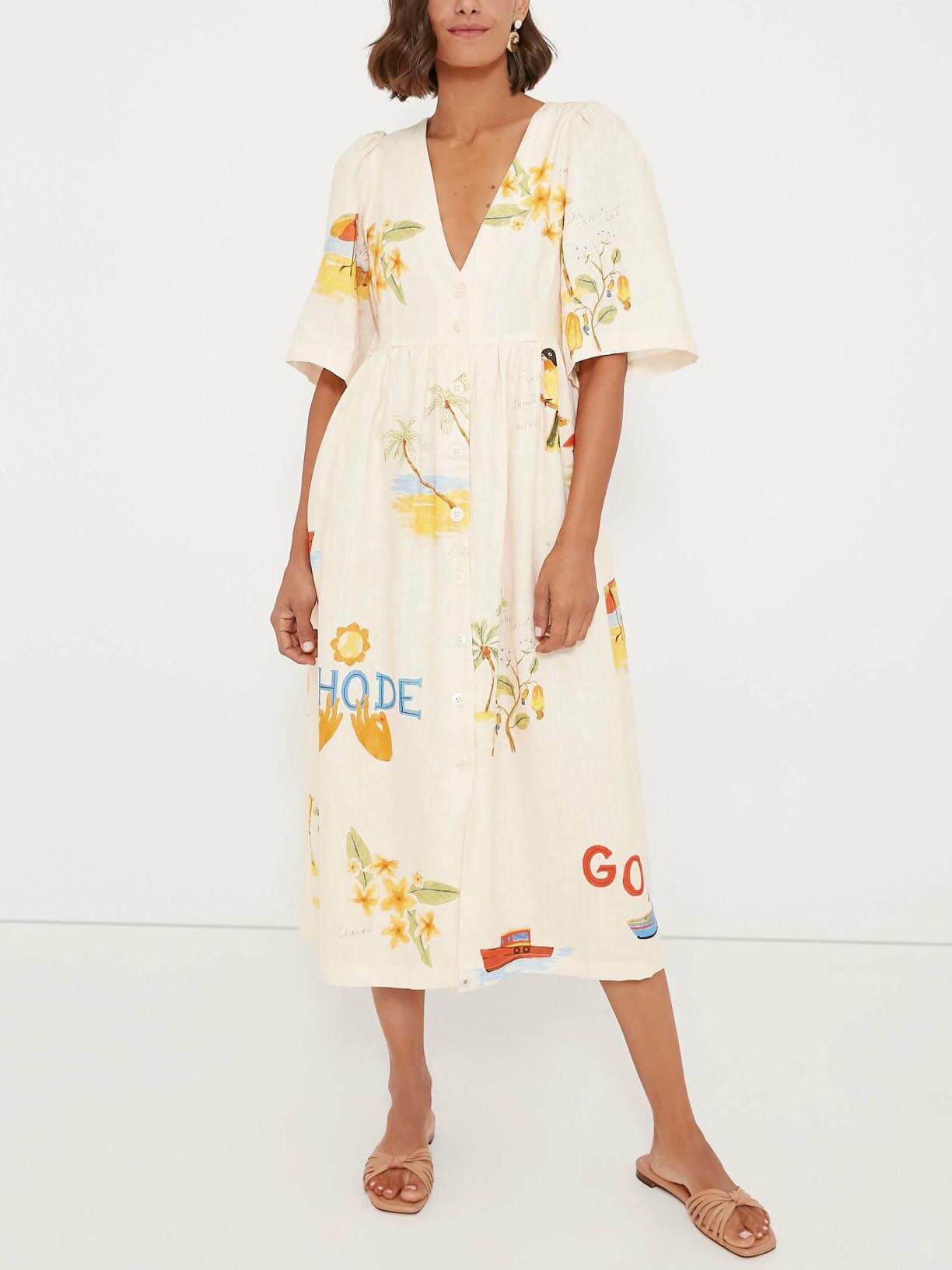Unique Holiday Folk Floral Print Puff Sleeve Midi Dress - Fashionpara