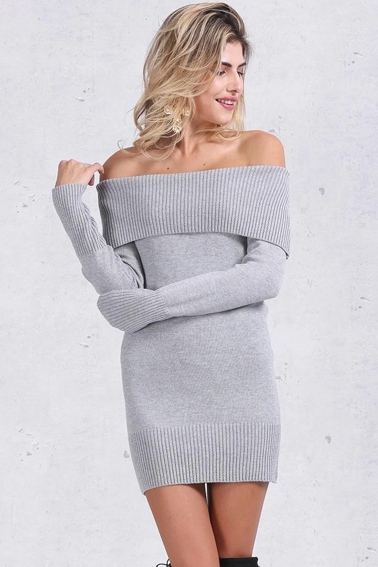 Ribbed Off Shoulder Mini Sweater Dress in Gray for Elegance