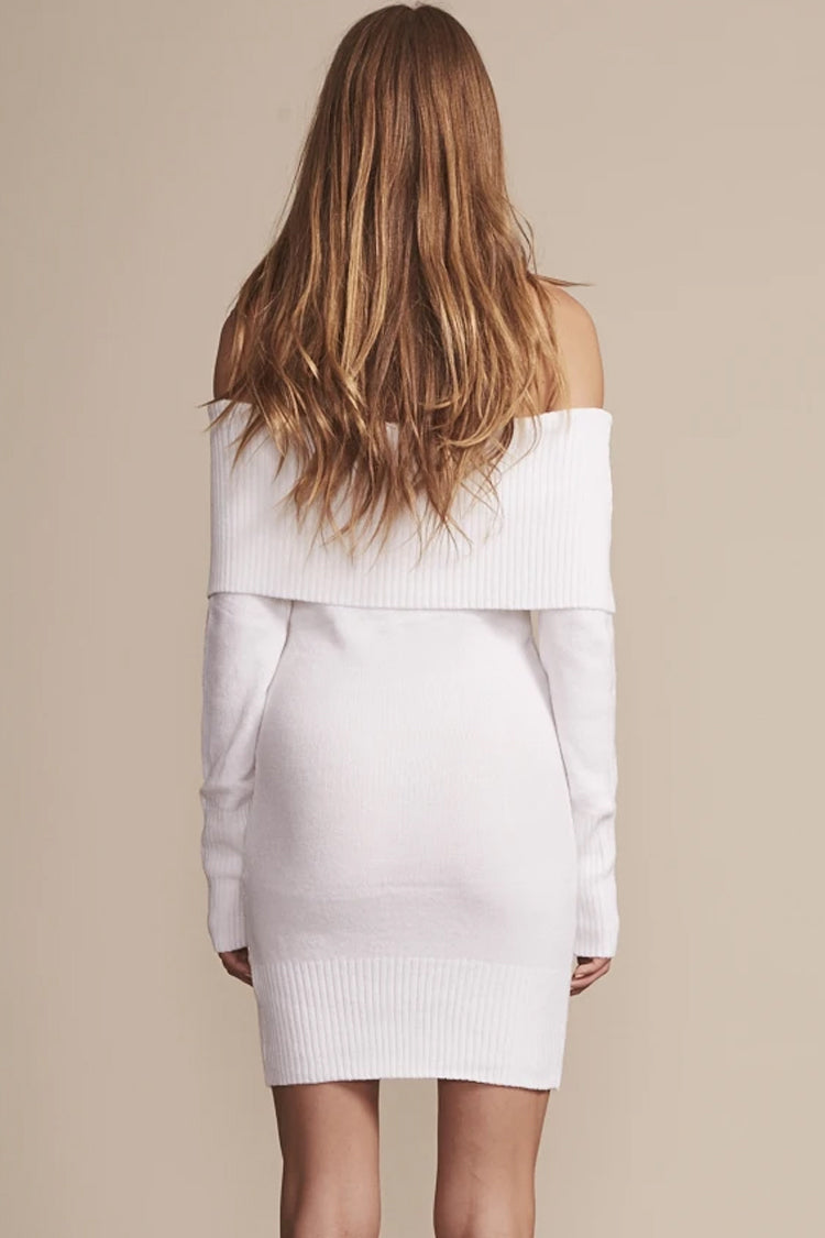 Ribbed Off Shoulder Mini Sweater Dress in Classic White