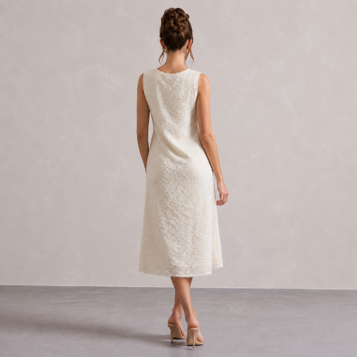 V-Neck Sleeveless Textured Fringe Shift Midi Dress 3