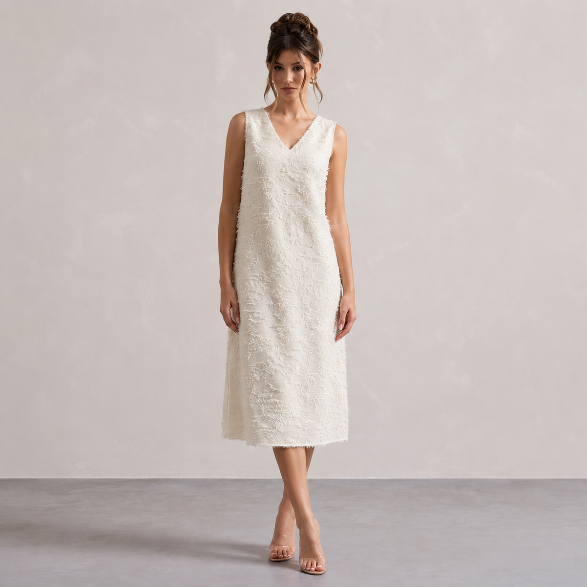 V-Neck Sleeveless Textured Fringe Shift Midi Dress