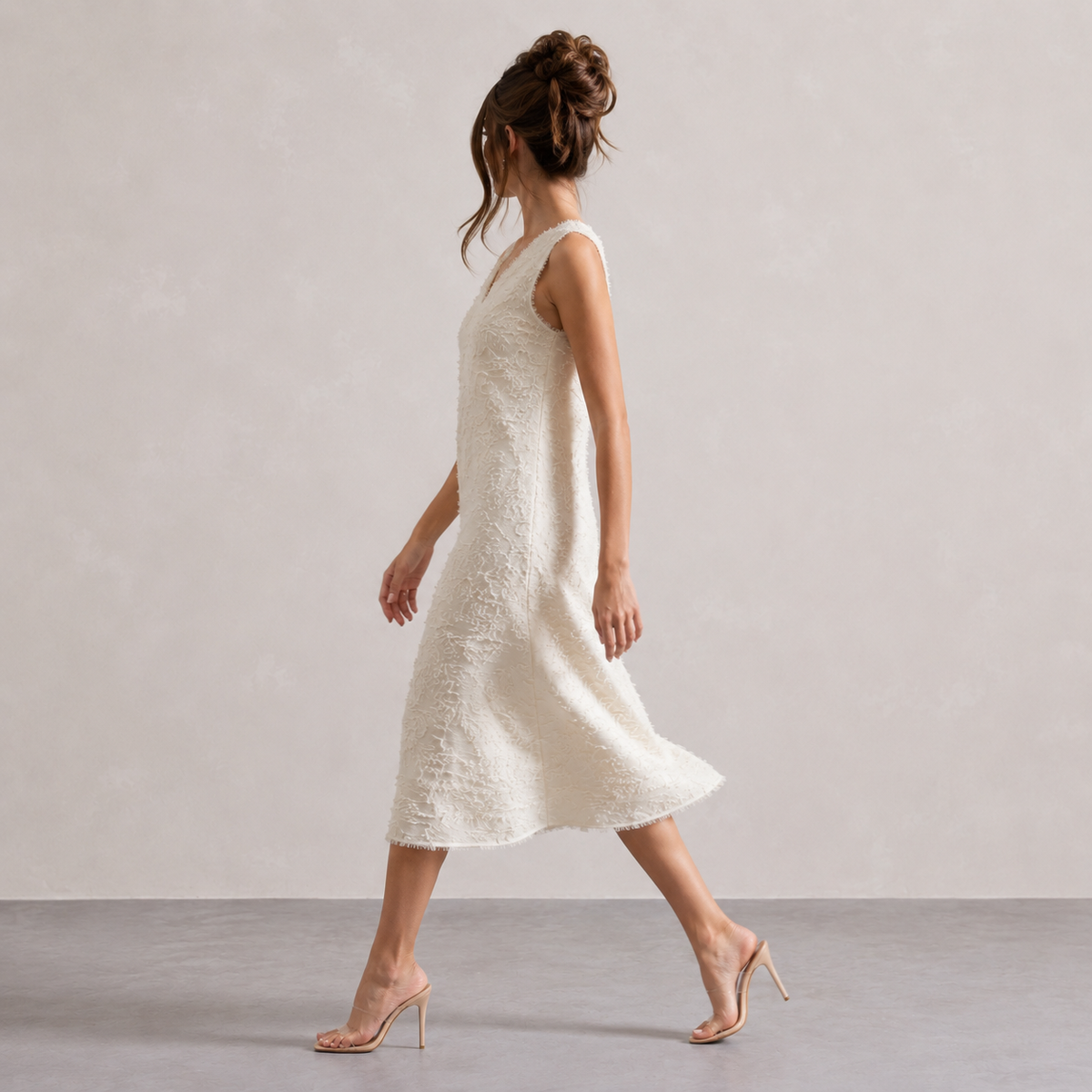 V-Neck Sleeveless Textured Fringe Shift Midi Dress 4