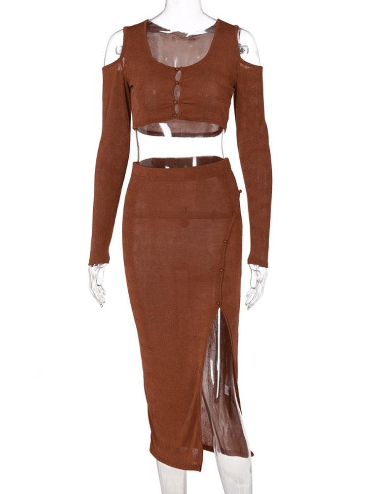 KittenAlarm - Rihanna Cold Shoulder Crop Top & Asymmetric Hem Skirt Set