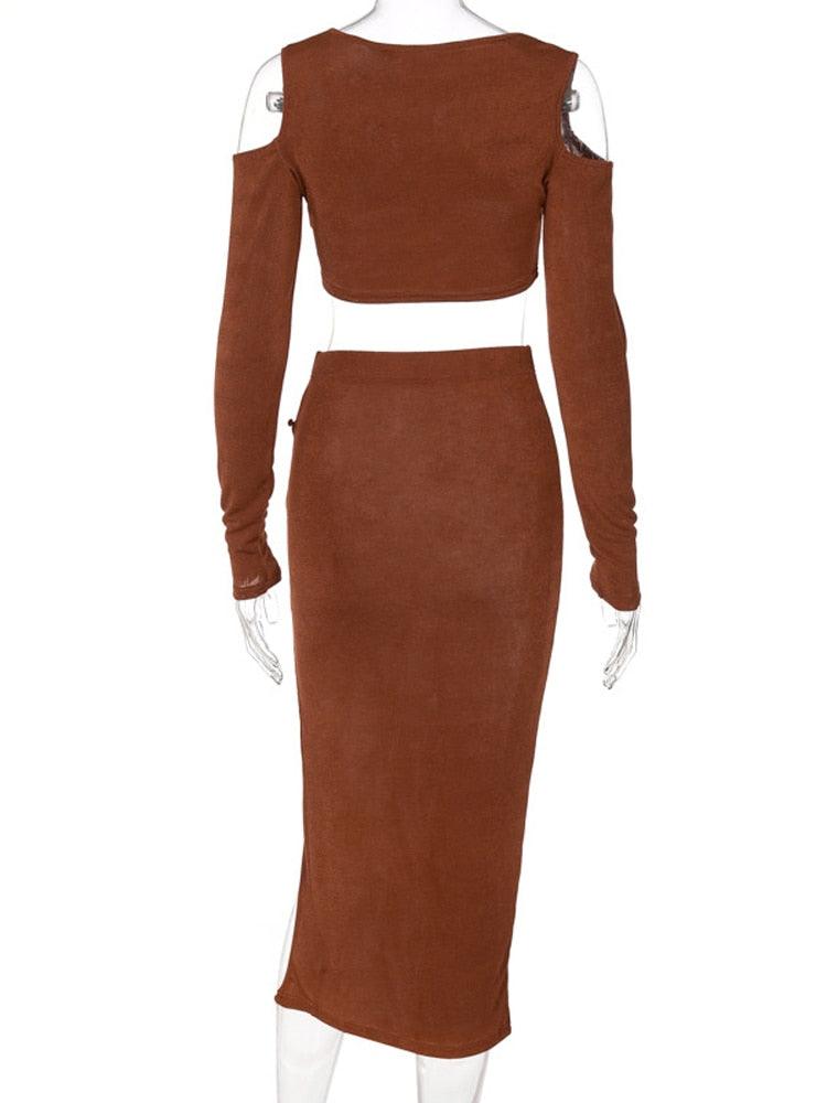 KittenAlarm - Rihanna Cold Shoulder Crop Top & Asymmetric Hem Skirt Set
