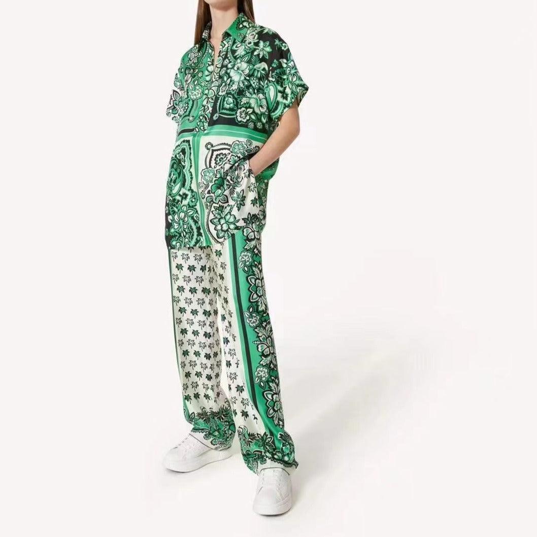 KittenAlarm - Riley Short Sleeve Bandana Print Top & Straight Pants Set
