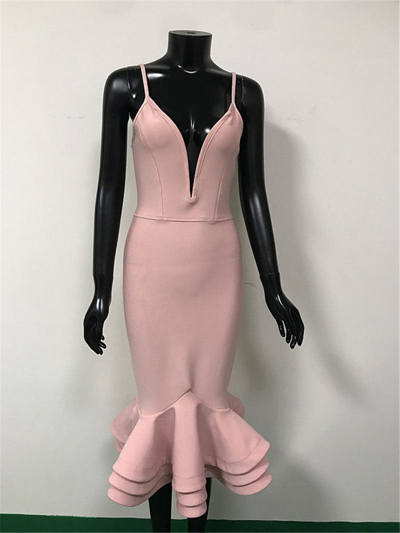 V-Neck Spaghetti Strap Ruffle Hem Mermaid Midi Dress