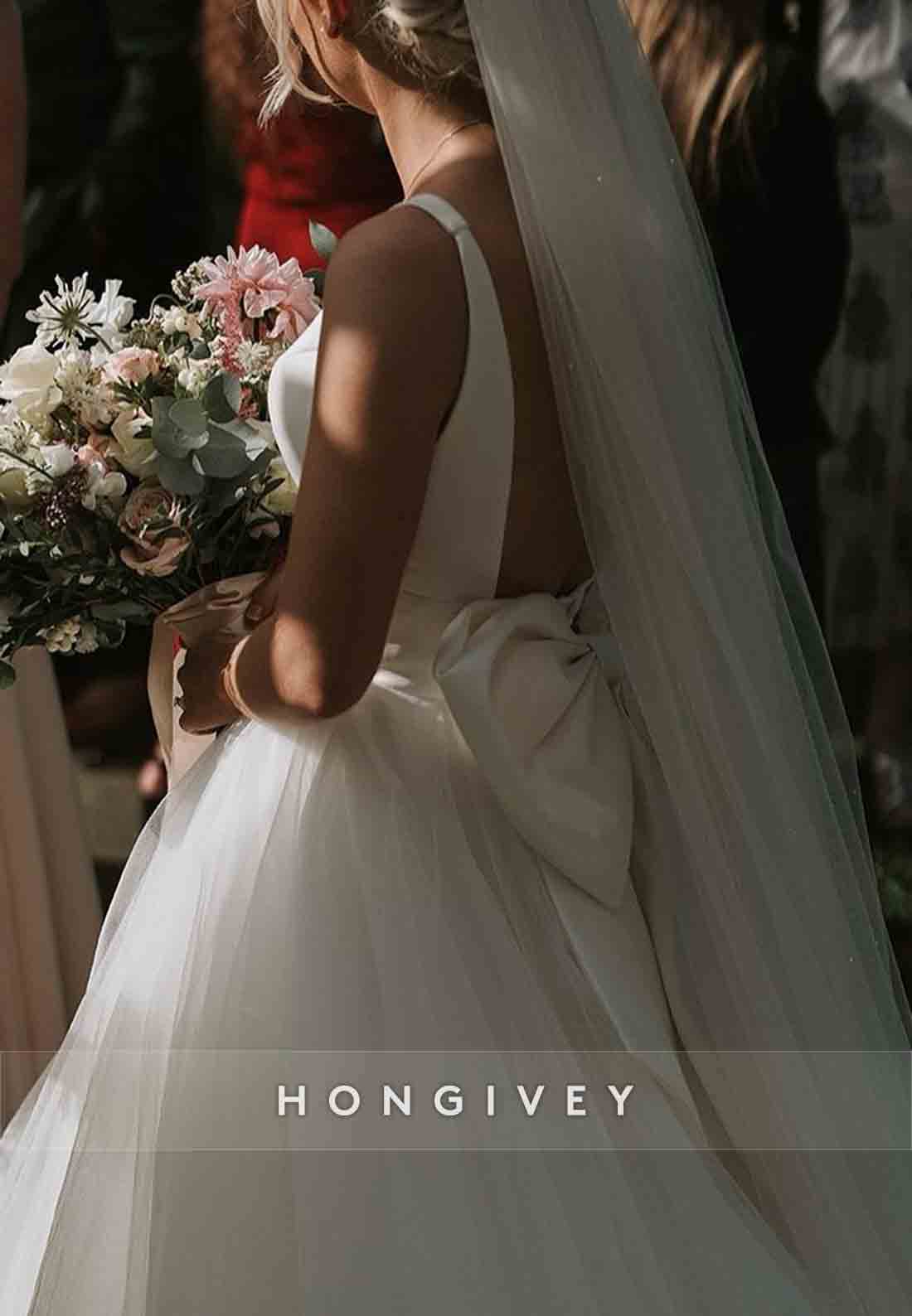 Bowknot Low Back A-line V-Neck Pleated Regular Straps Beach Wedding Dresses