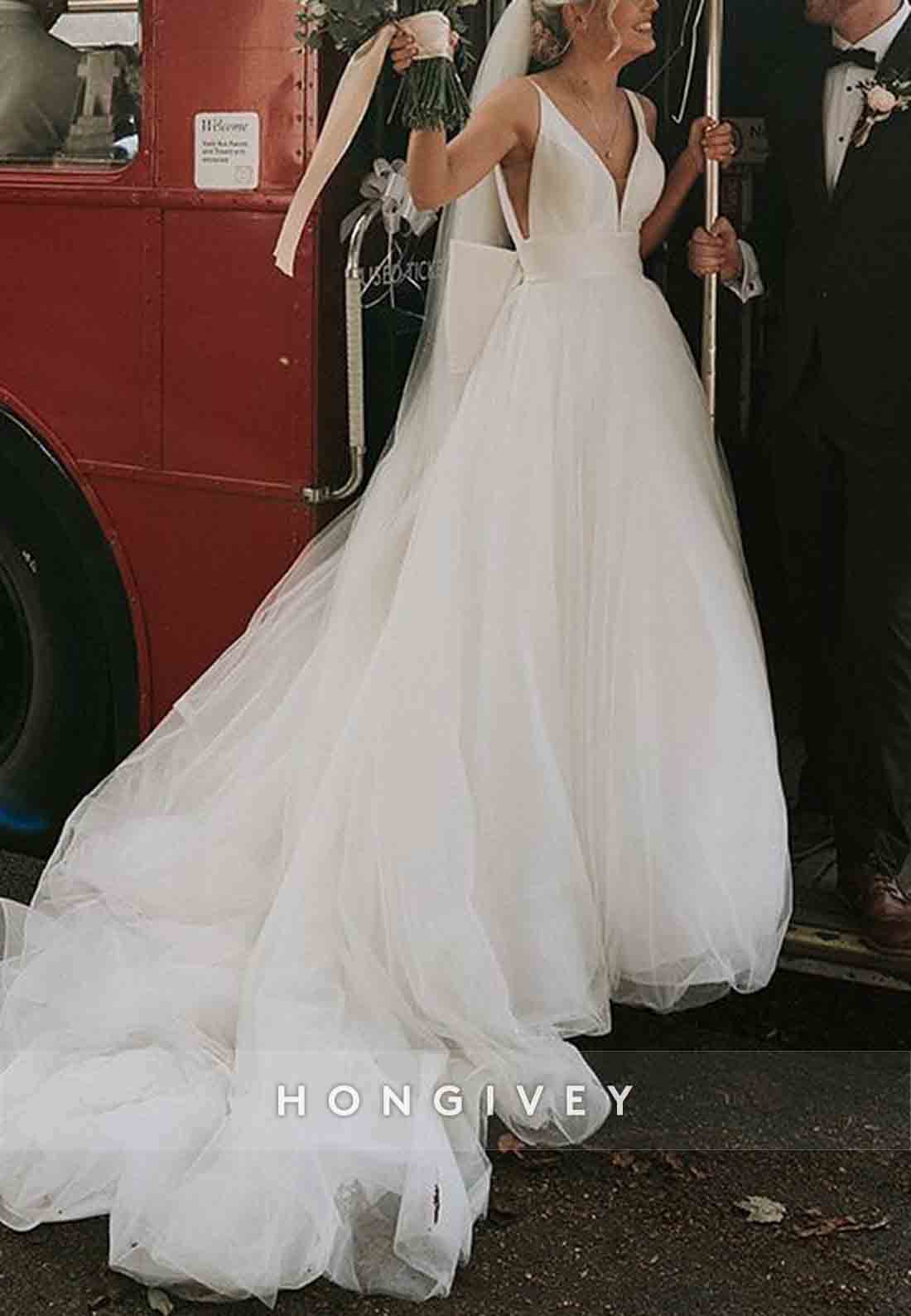 Bowknot Low Back A-line V-Neck Pleated Regular Straps Beach Wedding Dresses