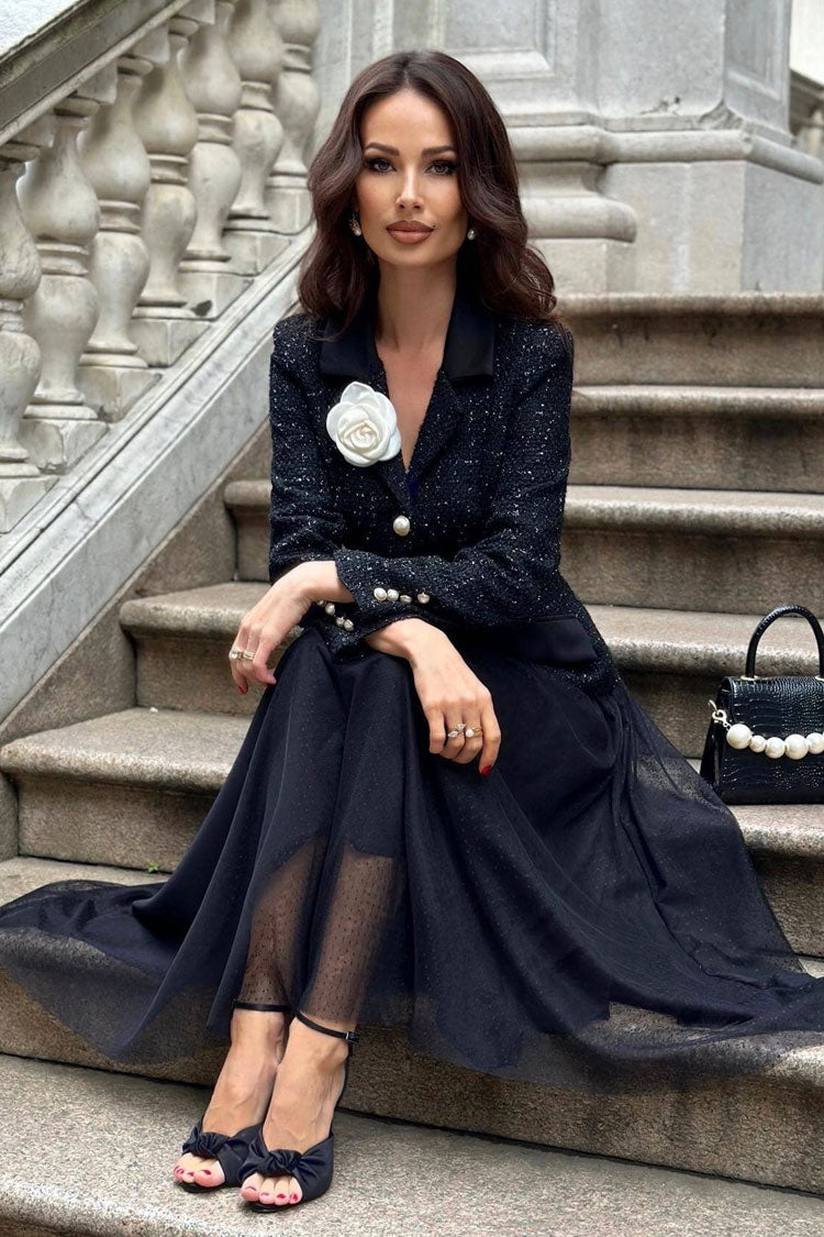 Romantic 3D Flower Lapel Cinched Tweed Blazer Two Piece Midi Dress - Black - Fashionpara