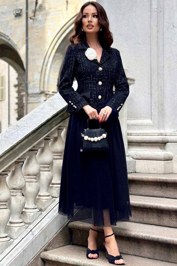 Romantic 3D Flower Lapel Cinched Tweed Blazer Two Piece Midi Dress - Black - Fashionpara