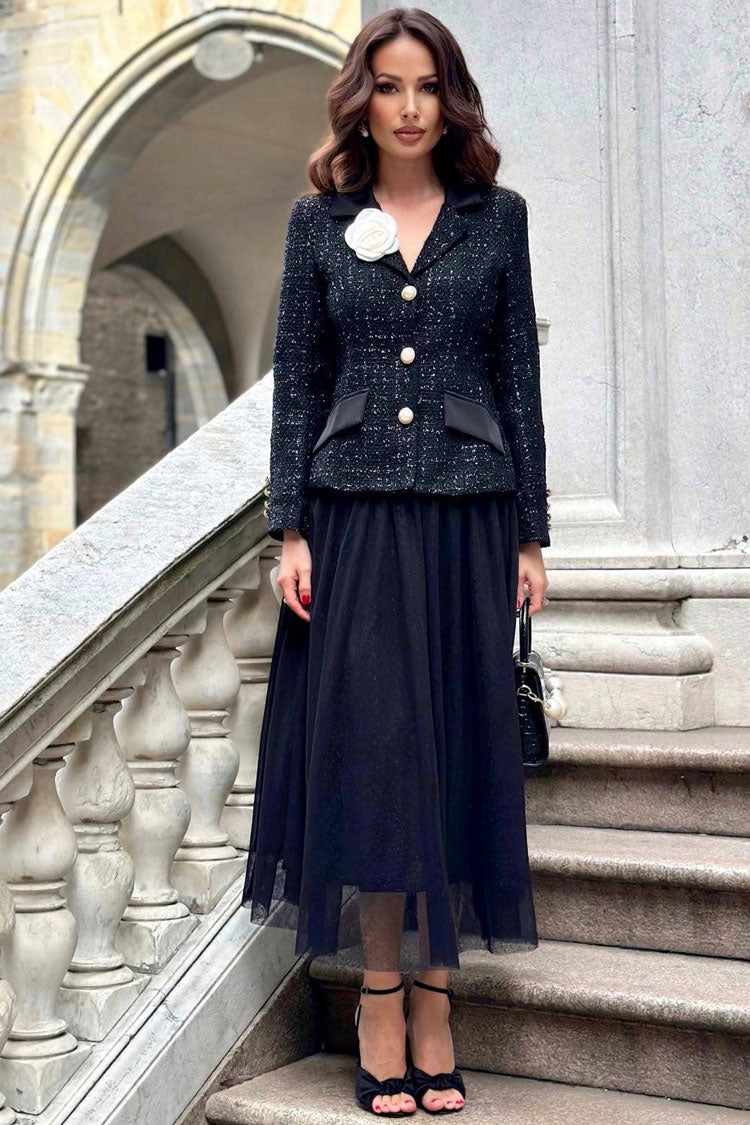 Romantic 3D Flower Lapel Cinched Tweed Blazer Two Piece Midi Dress - Black - Fashionpara