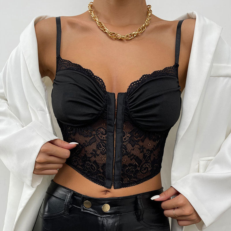 Romantic Bustier Hook and Eye Cropped Sheer Floral Lace Top - Black - Fashionpara