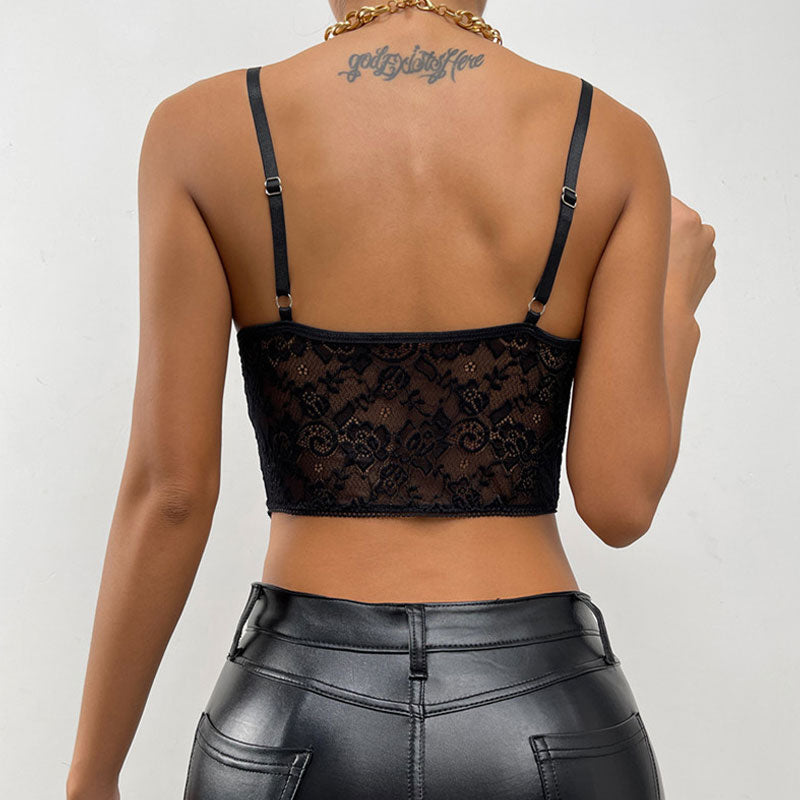 Romantic Bustier Hook and Eye Cropped Sheer Floral Lace Top - Black - Fashionpara