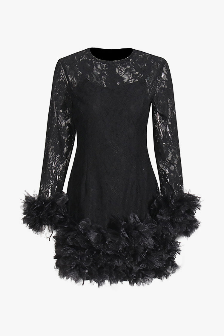 Sexy Tulle Ruffle Floral Sheer Lace Crew Neck Long Sleeve Party Mini Dress - Fashionpara