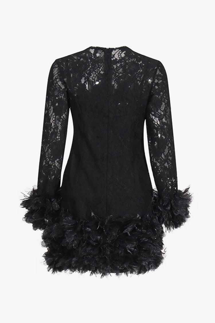 Sexy Tulle Ruffle Floral Sheer Lace Crew Neck Long Sleeve Party Mini Dress - Fashionpara