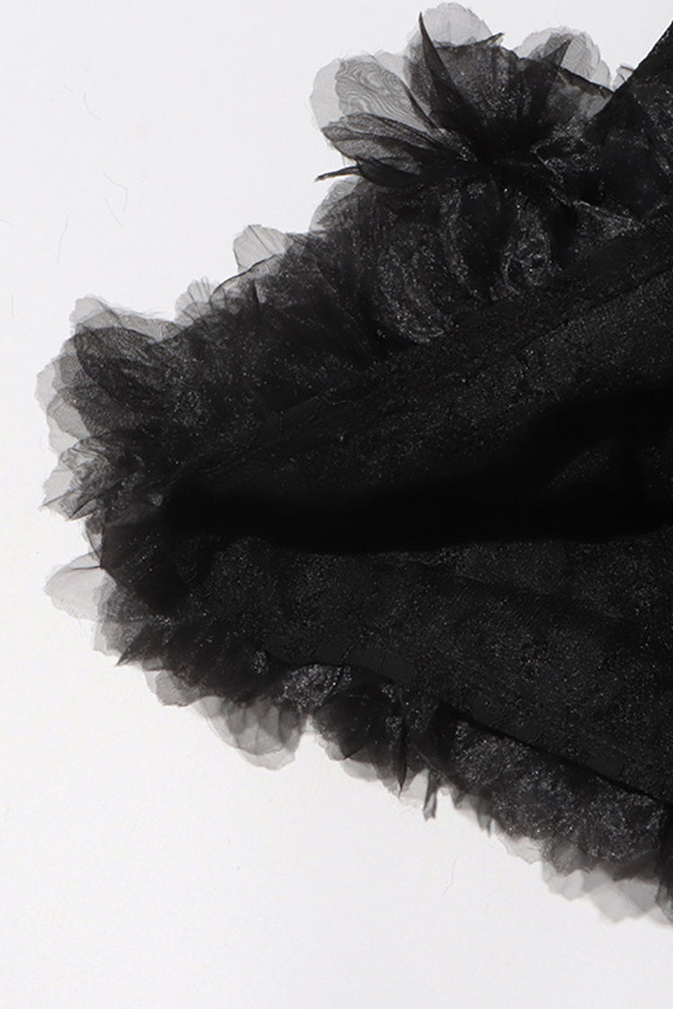 Sexy Tulle Ruffle Floral Sheer Lace Crew Neck Long Sleeve Party Mini Dress - Fashionpara