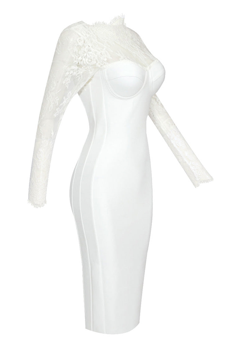 Romantic Eyelash Boat Neck Sheer Lace Bandage Backless Cocktail Midi Dress - Fashionpara