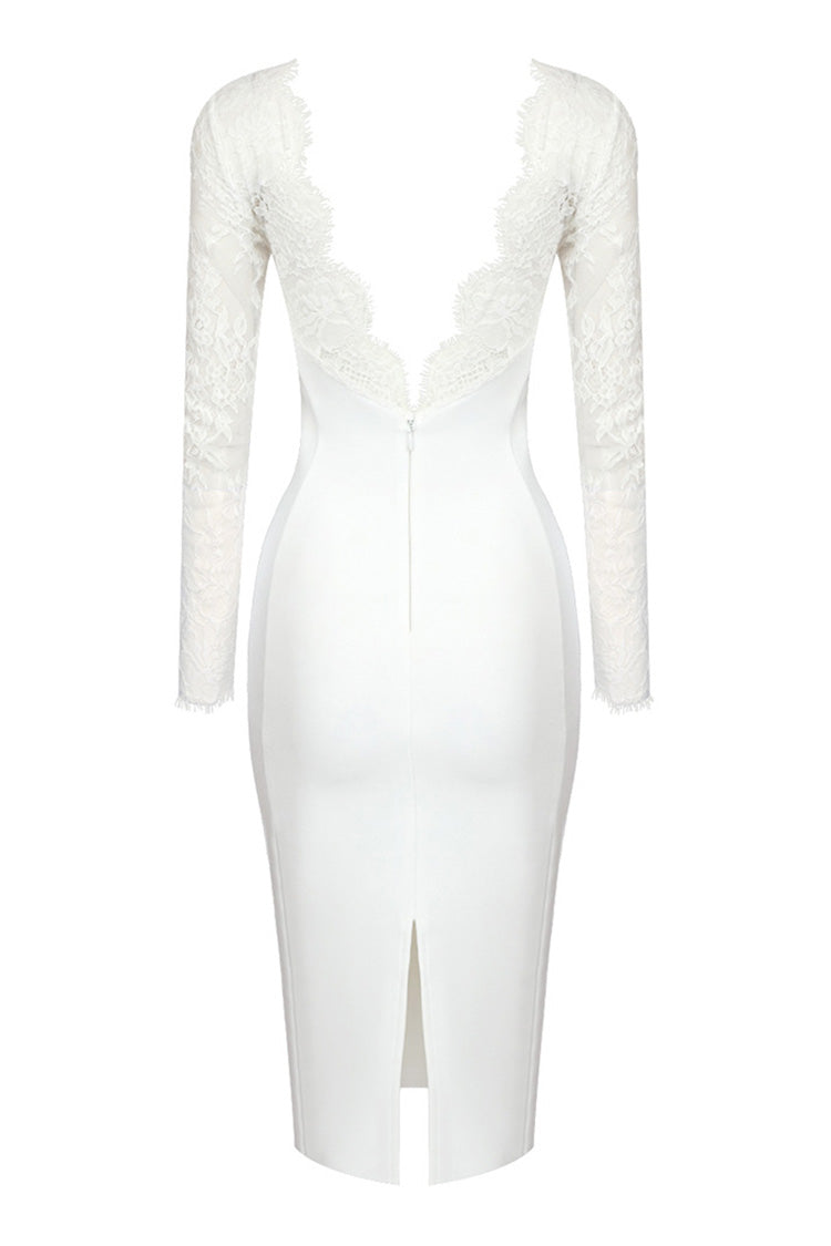 Romantic Eyelash Boat Neck Sheer Lace Bandage Backless Cocktail Midi Dress - Fashionpara