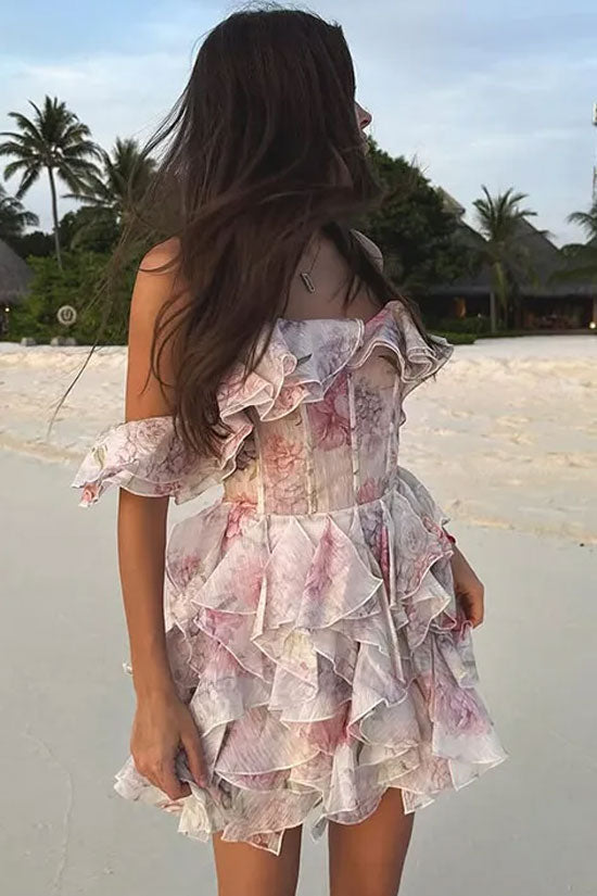 Romantic Floral Print Ruffle Off Shoulder Tiered Corset Party Mini Dress