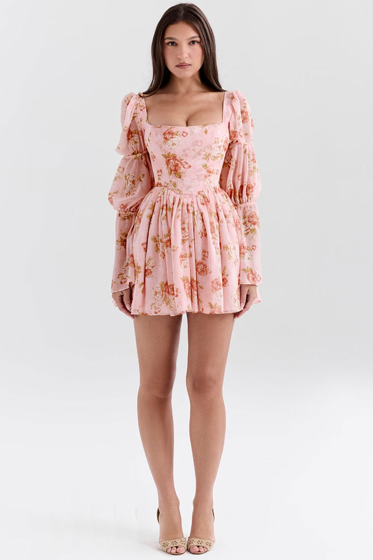 Romantic Floral Square Neck Puff Sleeve Drop Waist Chiffon Party Mini Dress - Fashionpara