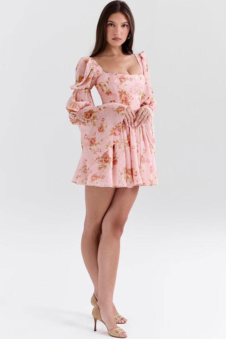 Romantic Floral Square Neck Puff Sleeve Drop Waist Chiffon Party Mini Dress - Fashionpara