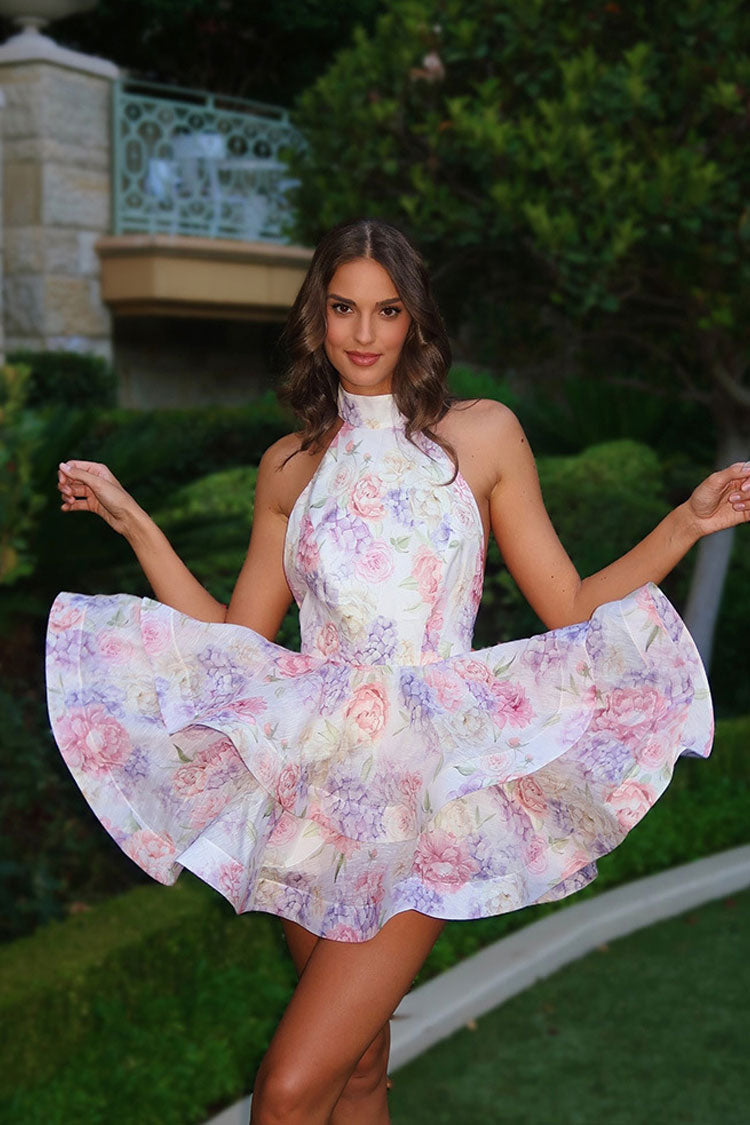 Romantic Halter Bow Tie Backless Ruffle Tiered Floral Party Mini Dress