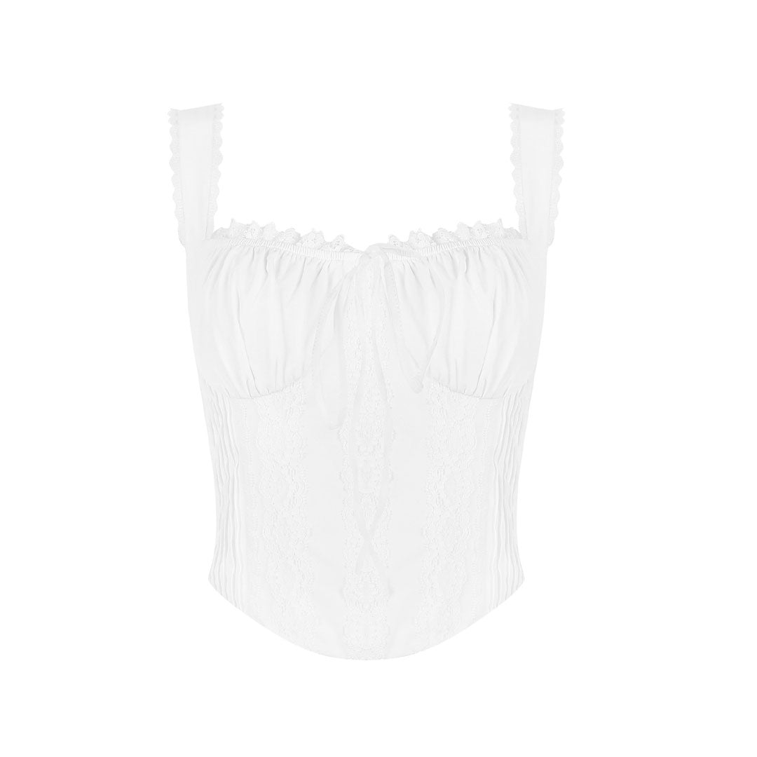 Romantic Lace Trim Ruched Bow Tie Suspsender Strap Lace Up Crop Tank Top