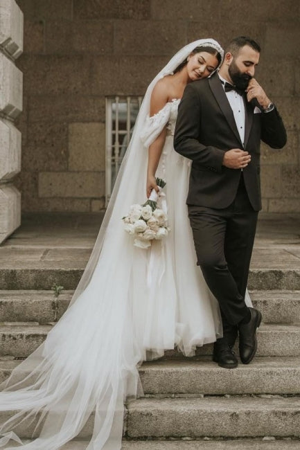 Romantic Off-the-Shoulder Cap Sleeve A-Line Tulle Wedding Dress - Fashionpara