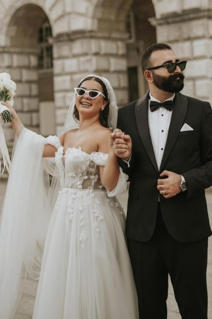 Romantic Off-the-Shoulder Cap Sleeve A-Line Tulle Wedding Dress - Fashionpara