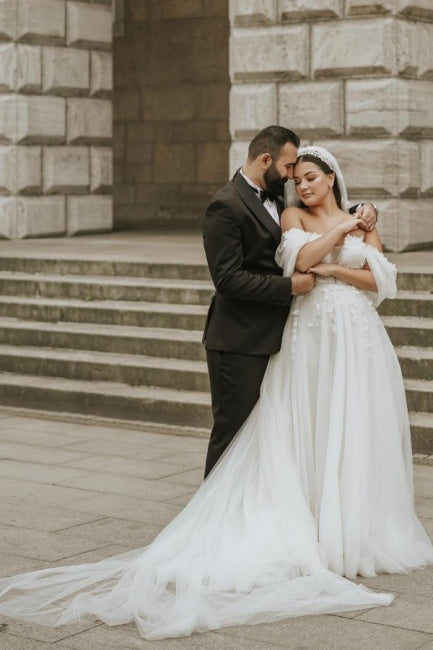 Romantic Off-the-Shoulder Cap Sleeve A-Line Tulle Wedding Dress - Fashionpara