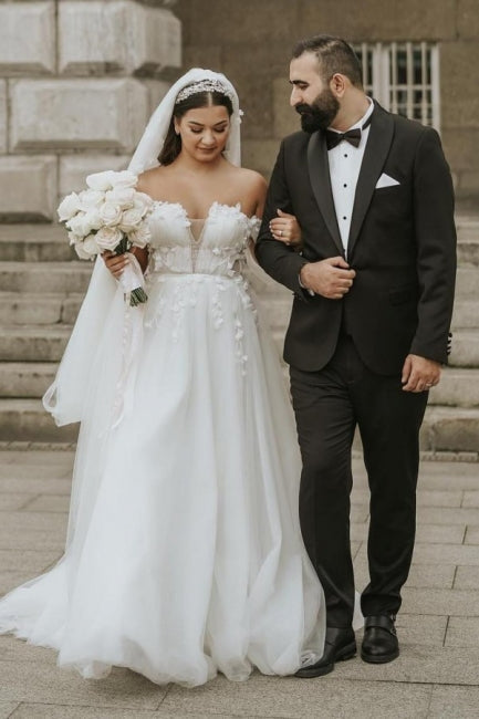 Romantic Off-the-Shoulder Cap Sleeve A-Line Tulle Wedding Dress - Fashionpara