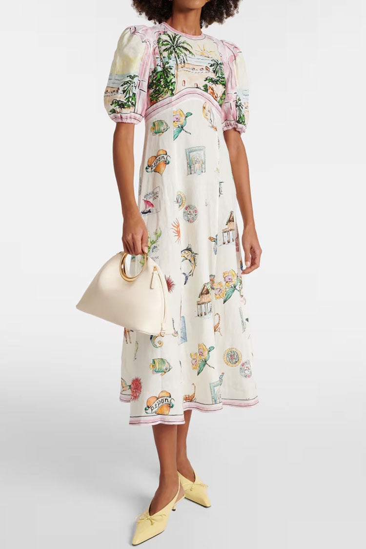 Romantic Printed Crew Neck Puff Sleeve Empire Waist Vacation Midi Dress