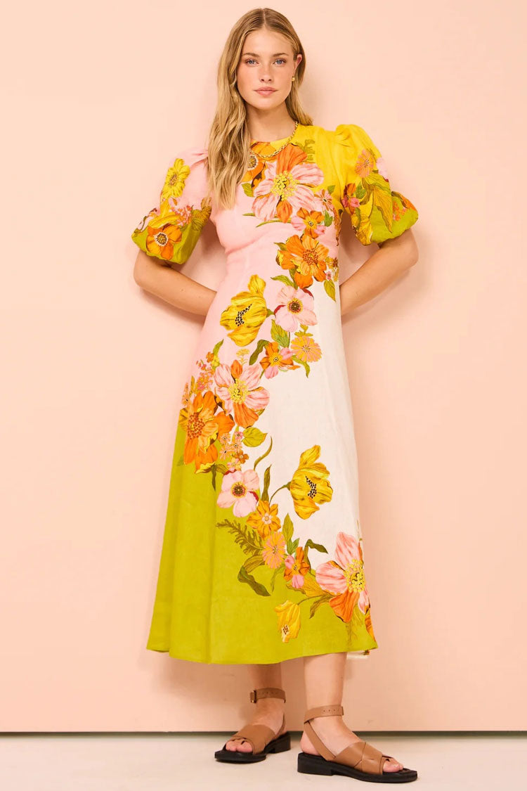 Romantic Printed Crew Neck Puff Sleeve Empire Waist Vacation Midi Dress