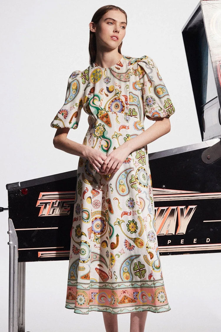 Romantic Printed Crew Neck Puff Sleeve Empire Waist Vacation Midi Dress
