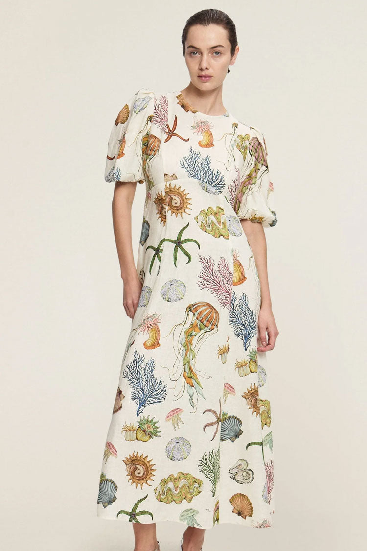 Romantic Printed Crew Neck Puff Sleeve Empire Waist Vacation Midi Dress