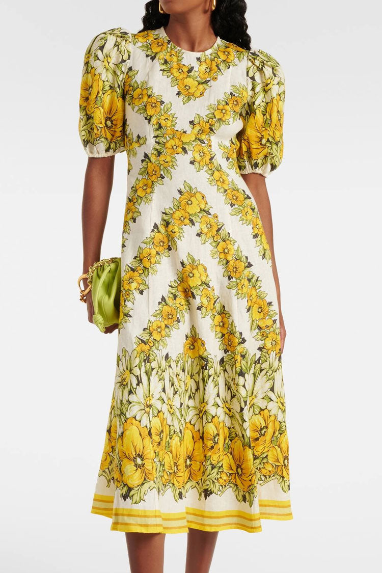 Romantic Printed Crew Neck Puff Sleeve Empire Waist Vacation Midi Dress