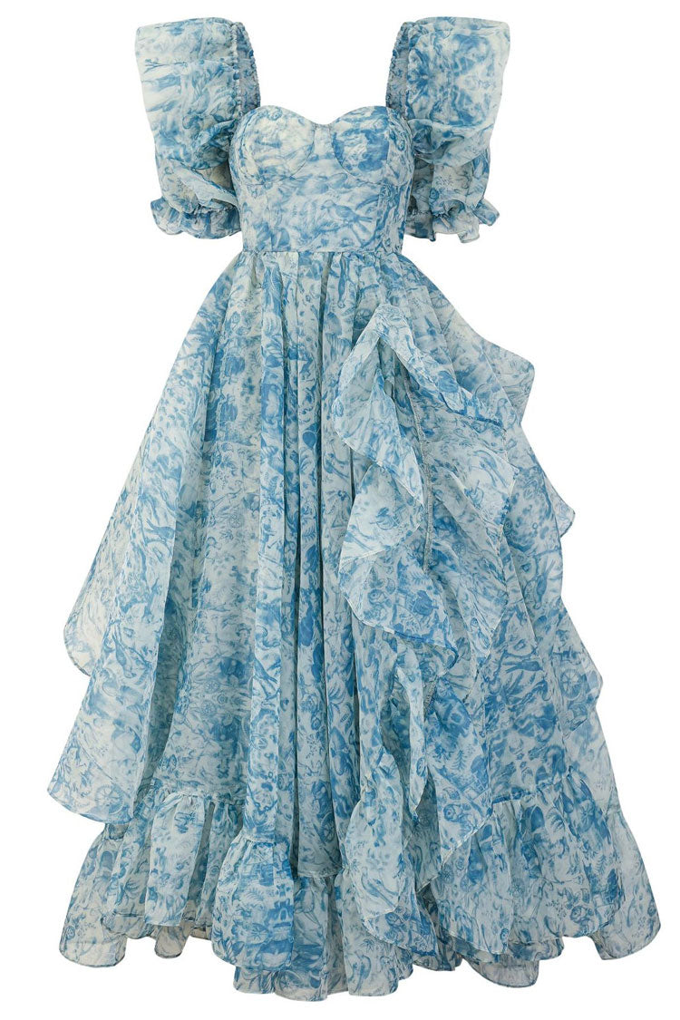 Romantic Puff Sleeve Floral Organza Layered Ruffle Split Gown Dress - Blue - Fashionpara