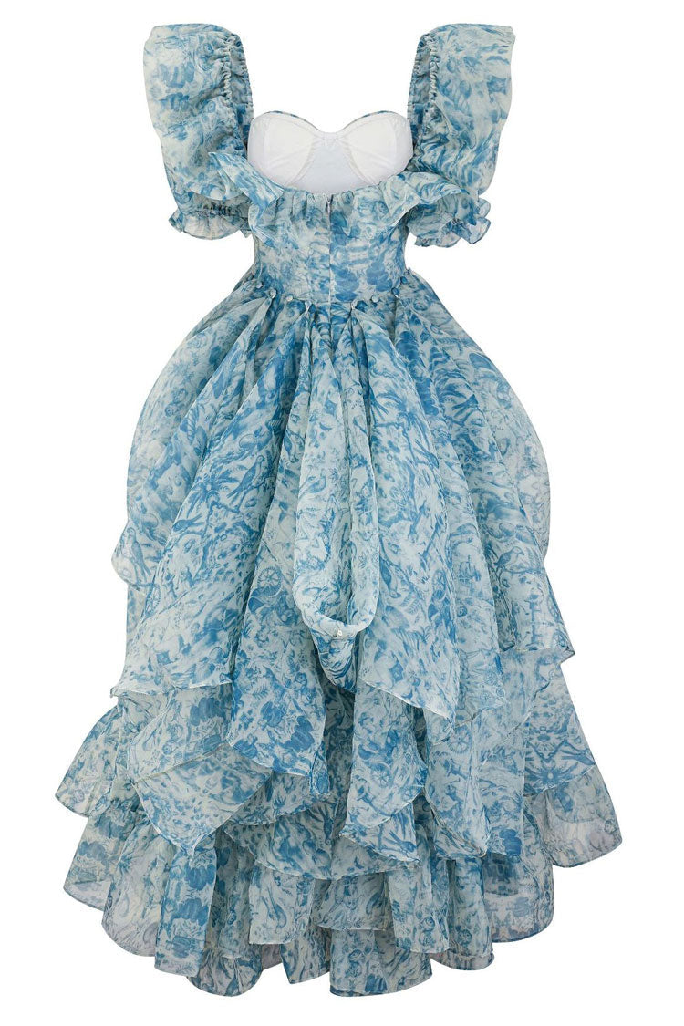 Romantic Puff Sleeve Floral Organza Layered Ruffle Split Gown Dress - Blue - Fashionpara