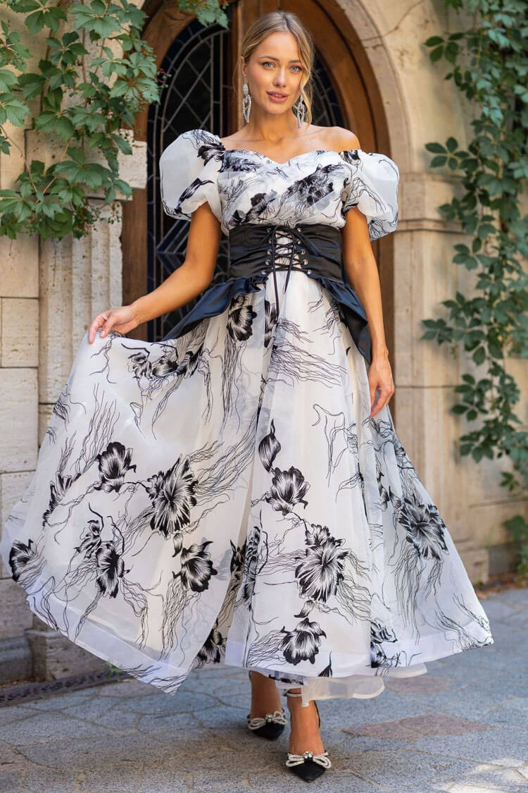 Floral Print Off Shoulder Puff Sleeve Corset A-Line Midi Dress