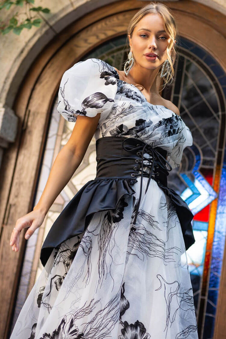 Romantic Puff Sleeve Floral Organza Peplum Belted Gown Maxi Dress - Black - Fashionpara