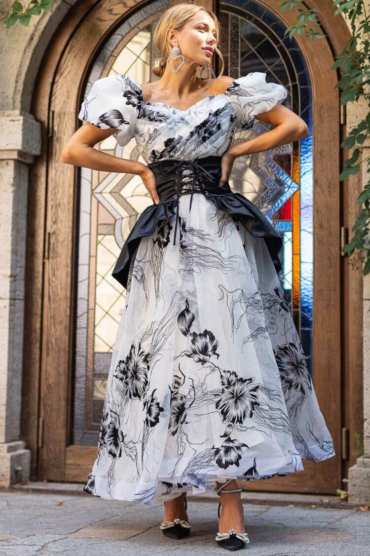 Romantic Puff Sleeve Floral Organza Peplum Belted Gown Maxi Dress - Black - Fashionpara