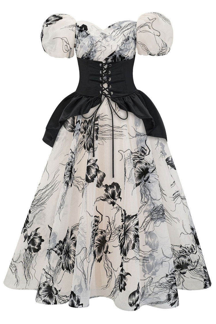 Romantic Puff Sleeve Floral Organza Peplum Belted Gown Maxi Dress - Black - Fashionpara
