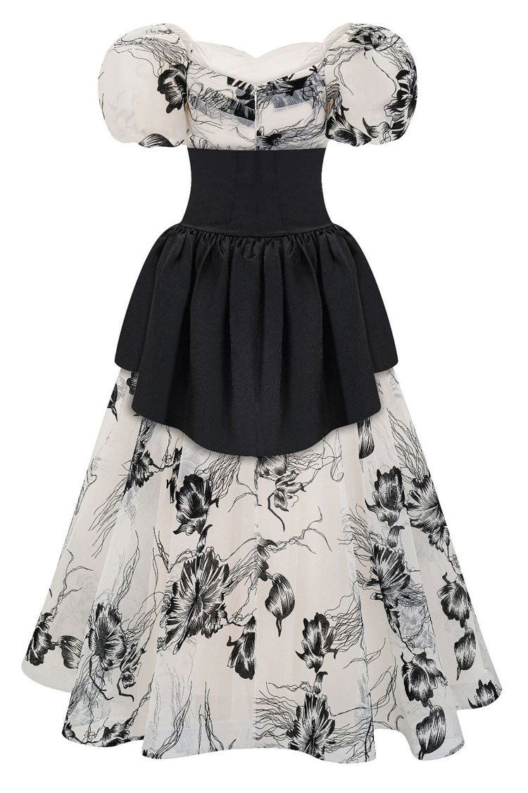 Romantic Puff Sleeve Floral Organza Peplum Belted Gown Maxi Dress - Black - Fashionpara