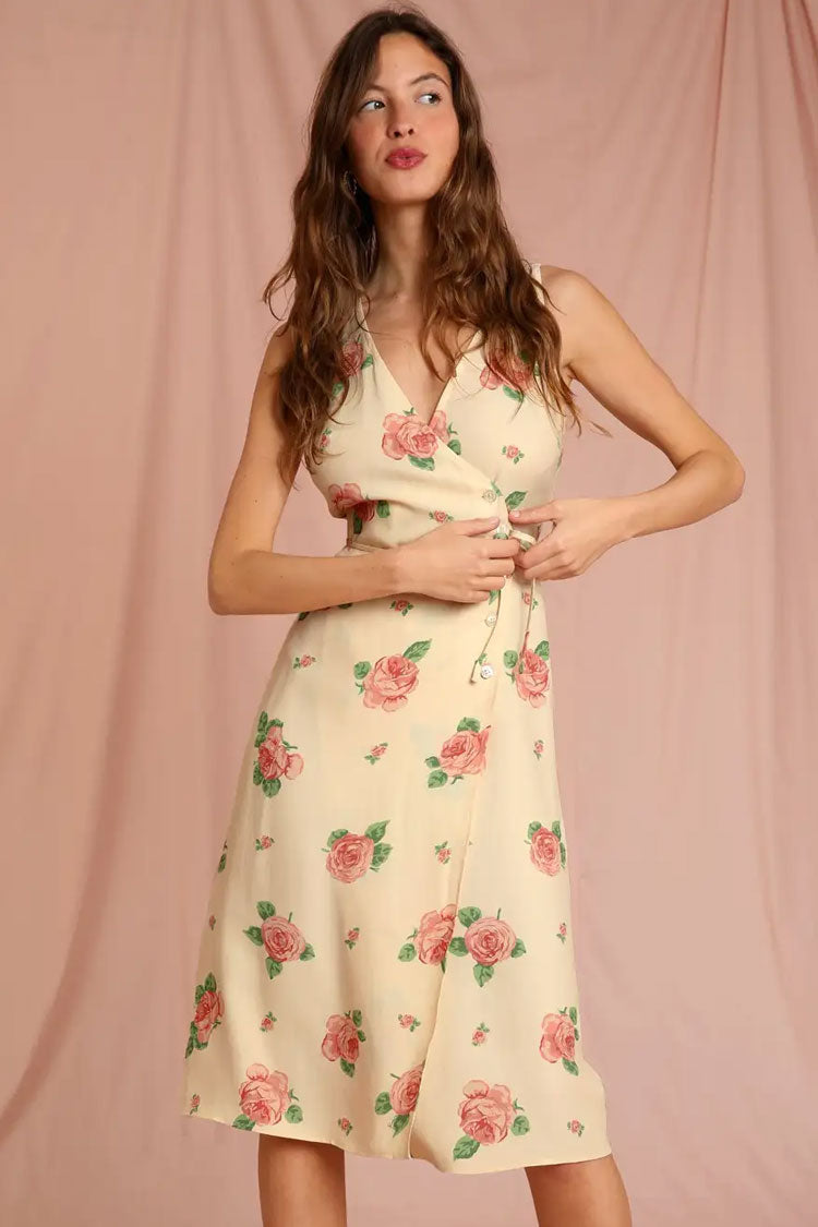 Rose Floral Print V Neck Sleeveless Wrap Midi Dress 2