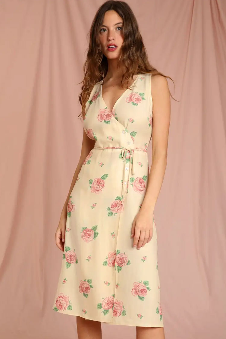 Rose Floral Print V Neck Sleeveless Wrap Midi Dress