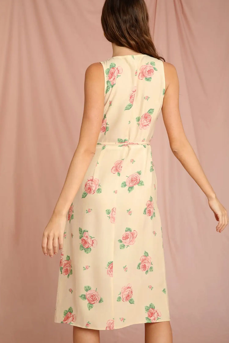 Romantic Rose Printed Sleeveless French Wrap Midi Dress - Yellow Fashionpara
