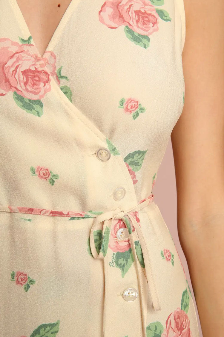 Romantic Rose Printed Sleeveless French Wrap Midi Dress - Yellow Fashionpara